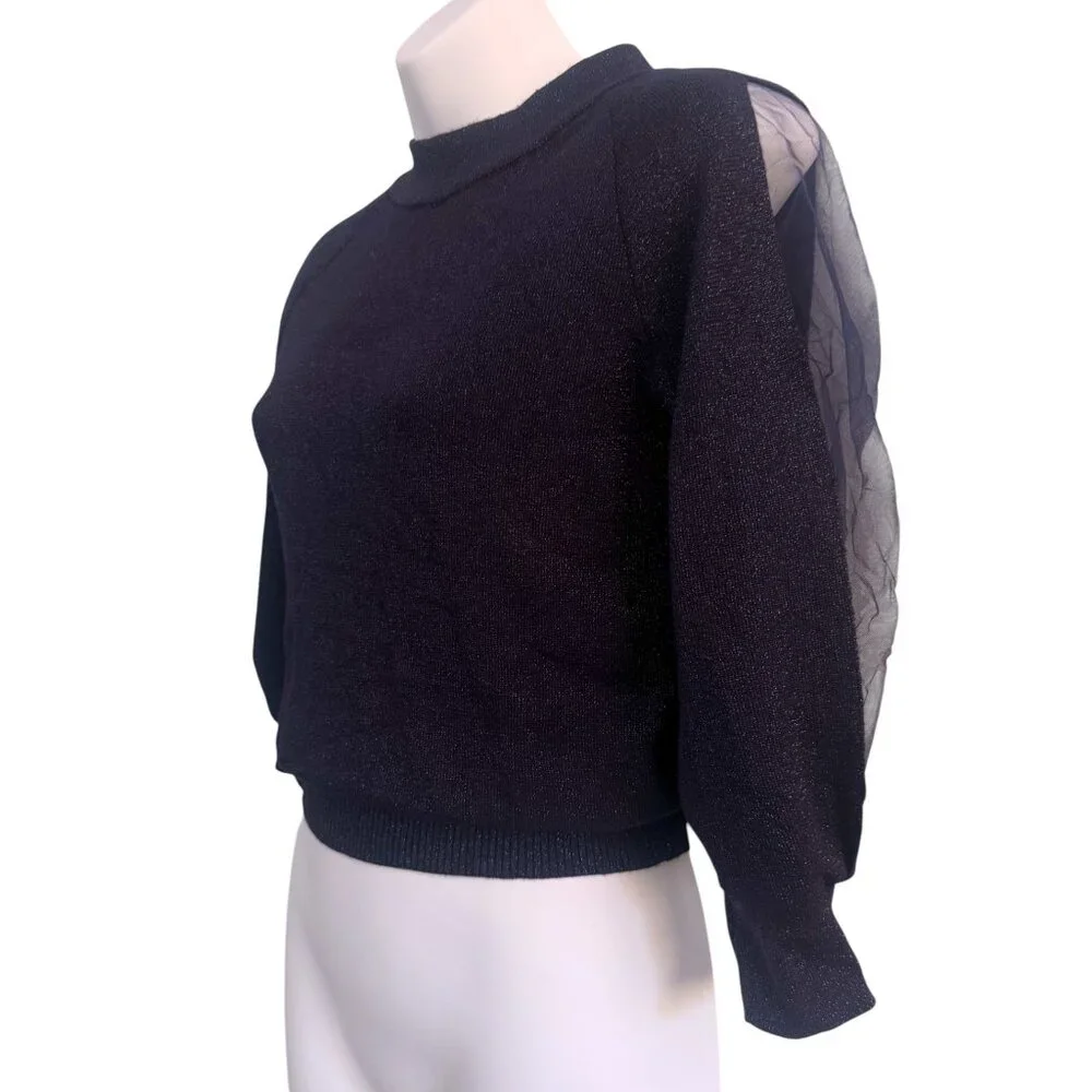 Midnight Blue Sparkle Knit Top | Sheer Sleeve Slits | Size S | NWT - Picture 3 of 8